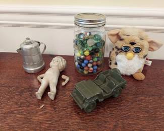 Vtg Toy Lot, Jap Bisque Doll, Furby, Marbles, Jeep