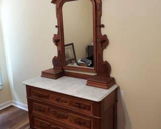 Antique Victorian Dresser with Mirror. Refinished with added modern drawer glides. 42" W, 18" D 30" H, 80" H including Mirror. Marble Top