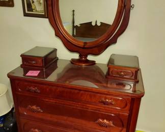 Solid Cherry Dresser with Mirror Lillian Russell Collection. Glass attached to top with some type of putty. 47"W, 21.5" D 36"H 76" H with attached Mirror L