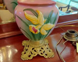 Electrified.. Pink Floral Design, Antique Gone with the Wind Kerosene Lamp, Later Electrified. 23" Tall,