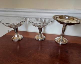 3 Sterling Silver Pedestal Dishes, Weighted, 2 are Prestige with Glass Tops 5" T , One Gorham (condition issues) 6" T.