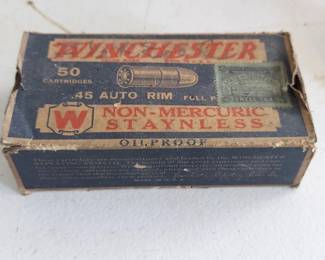 Ca. 1932 Winchester .45 Cal Auto Rim Staynless Cartridge Box with contents, Misc Loose vintage ammo.