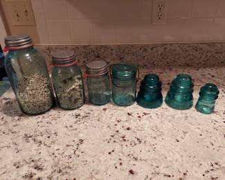 4 Blue Mason Jars, 3 Blue Insulators