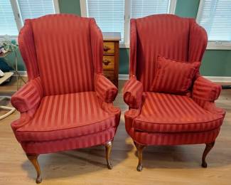 Pair of wingback chairs, one has issues, stains and small tears, see photos