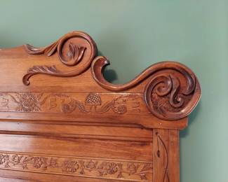 Antique Full Size Bed and Dresser. Headboard 57" Wide, 76" Tall, 78" Long, Dresser 39" W, 18" D, 30" T, 76" Tall including attached mirror.