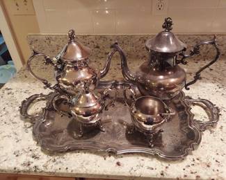 Sheffield England Silver on Copper Service Set Tray 19" x 13" Pots are 10.5" T and 11.5" T