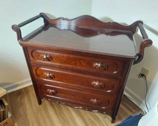 Solid Cherry Wash Stand with Matching Wall Mirror, Davis Cabinet Co, Nashville, Glass attached to top with some type of putty. 33"W, 18" D 29"H