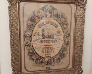 Commandments, Antique Frame. 19th Century Lithograph, Lord's Prayer and 10 Commandments, Antique Frame Repainted, 20" x 24".