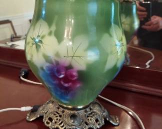 Electrified.. Green Antique Gone with the Wind Kerosene Lamp, Later Electrified. 27" Tall,