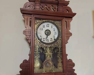 Antique Seth Thomas Ball Top Eclipse Walnut Mantle Clock, Painted Glass, Clock Runs but the alarm mechanism is missing. 24" T