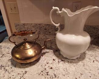 Vintage Brass Teapot, Homer Laughlin Pitcher (has crack)