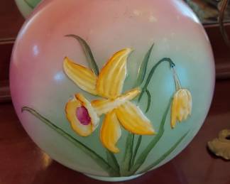 Electrified.. Pink Floral Design, Antique Gone with the Wind Kerosene Lamp, Later Electrified. 23" Tall,