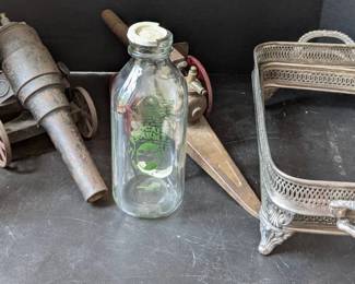 Vintage Mixed Lot SilverPlated Trays, 2 Toy Cannon, And Milk Bottle
