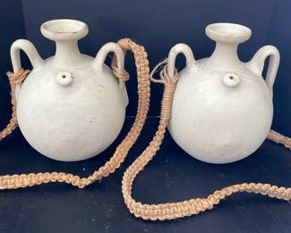 Pair of Vintage Spanish Botijo Clay Water Jugs with Rope Straps