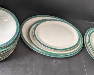 Vintage Green Border Stoneware Serving Set Bowls Platters