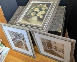 Lot Of 3 Framed Wall Art Pieces And Woven Storage Chest