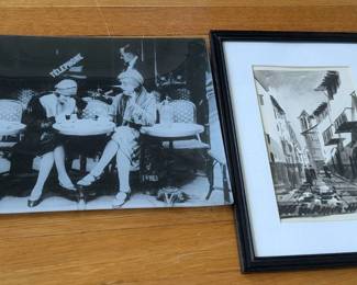 Black White Art Lot Vintage Photograph and Framed Street Scene Print 2 Pieces