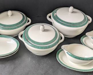Vintage Bavaria Tirschenreuth Serving Set Green Gold Trim Made in Germany