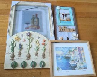 Mixed Wall Decor Lot Coastal, Botanical Wine Themes 4 Pieces