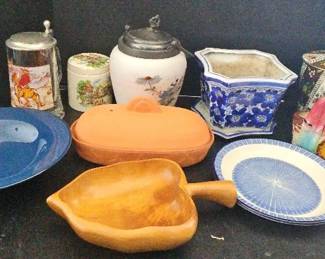 Eclectic Decorative Lot Asian Porcelain, Blue Dishes, Wood Bowl More