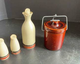 Vintage Brown Stoneware Crock Salt And Pepper Shakers With Oil Vinegar Dispenser