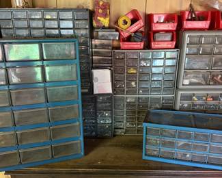 Eight Plastic Part Bins w Contents More