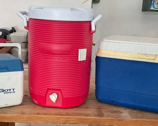 3 Coolers Of Various Sized, One For Beverages W Dispenser