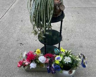 Plant Stand With Three Faux Flower Planters two Teapot Themed