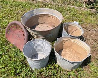 Galvanized Steel Planters And Antique Tractor Seat