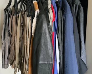 Men’s clothing, sizes S/M, pants 32” x 29”: jeans, twill pants, short + long sleeve button down (casual + dress shirts), jackets, outdoor wear