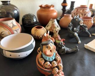 Pueblo pottery including:
Acoma: Evening Star, Jackie Shutiva, Shyatesa White Dove
Laguna: Gladys Stratyuwe Paquin
Santa Clara: James Ebelacker (grandson of Margaret Tafoya), Jamelyn Ebelacker. Eudora Montoya
Santo Domingo: Paulita Pacheco
Taos: Edna Romero, Juanita Suazo Debray
Zia: Elizabeth Medina, Gloria Gauchupin, Eusebia Shije