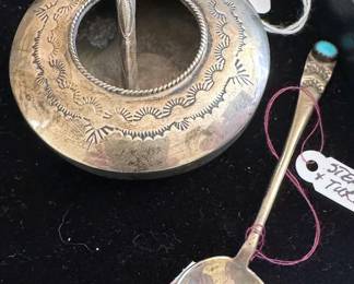 Hand-stamped sterling silver + turquoise salt cellar with spoon