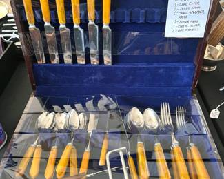 1950s Bakelite stainless steel silverware set with storage box