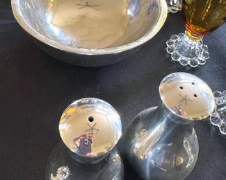 Nambe: cocktail shaker, salt + pepper shakers, crystal bowls, wine bottle holder, wood utensils