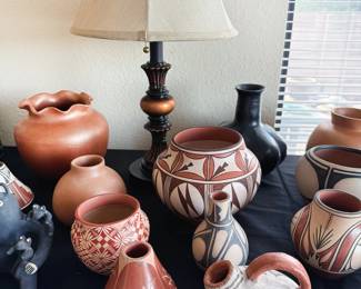 Pueblo pottery including:
Acoma: Evening Star, Jackie Shutiva, Shyatesa White Dove
Laguna: Gladys Stratyuwe Paquin
Santa Clara: James Ebelacker (grandson of Margaret Tafoya), Jamelyn Ebelacker. Eudora Montoya
Santo Domingo: Paulita Pacheco
Taos: Edna Romero, Juanita Suazo Debray
Zia: Elizabeth Medina, Gloria Gauchupin, Eusebia Shije