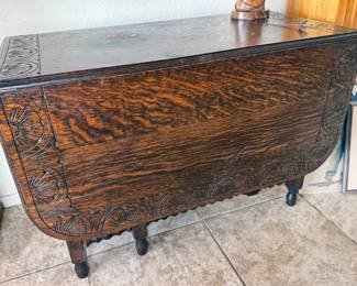 Vintage Barley Twist carved oak dining table with 2 leaves
