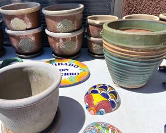 Outdoor garden pots, including talavera