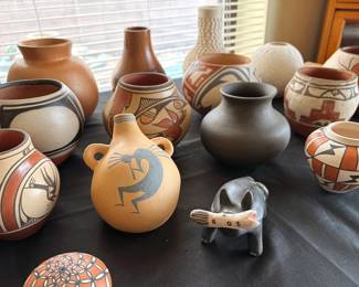 Pueblo pottery including:
Acoma: Evening Star, Jackie Shutiva, Shyatesa White Dove
Laguna: Gladys Stratyuwe Paquin
Santa Clara: James Ebelacker (grandson of Margaret Tafoya), Jamelyn Ebelacker. Eudora Montoya
Santo Domingo: Paulita Pacheco
Taos: Edna Romero, Juanita Suazo Debray
Zia: Elizabeth Medina, Gloria Gauchupin, Eusebia Shije