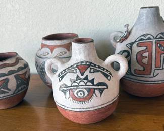 Pueblo pottery including:
Acoma: Evening Star, Jackie Shutiva, Shyatesa White Dove
Laguna: Gladys Stratyuwe Paquin
Santa Clara: James Ebelacker (grandson of Margaret Tafoya), Jamelyn Ebelacker. Eudora Montoya
Santo Domingo: Paulita Pacheco
Taos: Edna Romero, Juanita Suazo Debray
Zia: Elizabeth Medina, Gloria Gauchupin, Eusebia Shije
