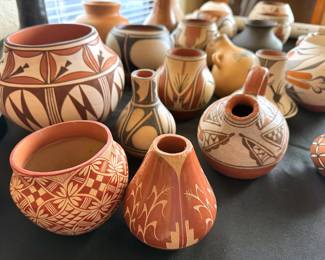 Pueblo pottery including:
Acoma: Evening Star, Jackie Shutiva, Shyatesa White Dove
Laguna: Gladys Stratyuwe Paquin
Santa Clara: James Ebelacker (grandson of Margaret Tafoya), Jamelyn Ebelacker. Eudora Montoya
Santo Domingo: Paulita Pacheco
Taos: Edna Romero, Juanita Suazo Debray
Zia: Elizabeth Medina, Gloria Gauchupin, Eusebia Shije
