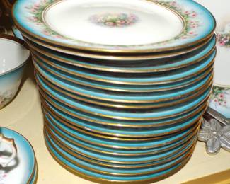 1940’S BAVARIAN WHITE WITH AQUA BLUE AND PINK LITTLE FLOWERS MASSIVE DINNERWARE SET (BRING OWN PACKING MATERIALS)