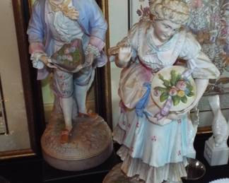 18TH C. MEISSEN CROSSED SWORDS BISQUE LARGE MAN & WOMAN LOVERS FIGURES (A COUPLE FINGER CHIPPED)