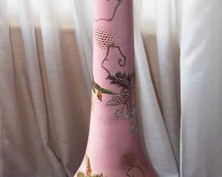 JAPANESE MORIAGE PINK WITH BIRDS LONG NECK & BULBOUS BASE TALL VASE