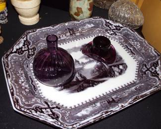 ANTIQUE ENGLISH STAFFORDSHIRE TRNASFERWARE MULBERRY PLATTER WITH VINTAGE AMETHYST HANDMADE GLASS PIECES
