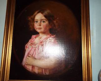 1907 ITALIAN ARTIST, CORREGIO OIL PAINTING ON CANVAS OF LITTLE GIRL IN PINK WITH BLUE EYES AND WEARING A HEART LOCKET