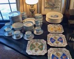 1940’S BAVARIAN WHITE WITH AQUA BLUE AND PINK LITTLE FLOWERS MASSIVE DINNERWARE SET (BRING OWN PACKING MATERIALS) AND ROYAL BAVARIAN SCHUMANN DRESDEN PLATES