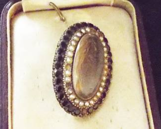 1850-1860 MOURNING CIVIL WAR ERA HAIR OVAL PIN W/ SEED PERLS/CRYSTALS