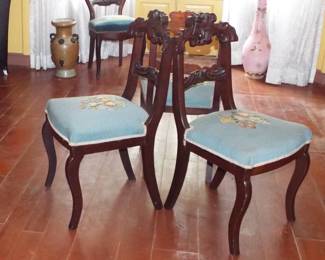 VICTORIAN 19TH C. CARVED WALNUT FRUIT NEEDLEPOINT SEAT CHAIRS