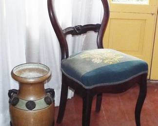 VICTORIAN 19TH C. CARVED WALNUT FRUIT NEEDLEPOINT SEAT CHAIR AND JAPANESE "COIN" LARGE EMPEROR URN