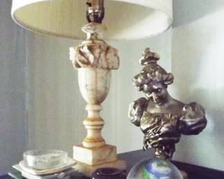 CARVED ANTIQUE CARRERA MARBLE BALUSTRADE LAMPS AND SILVERY VICTORIAN LADY BUST
